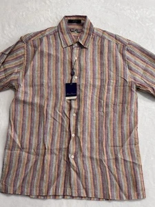 Alan Flusser Shirt Mens 100% Linen Green/Pink Striped Size M, 550GW2X1565 - Picture 1 of 10