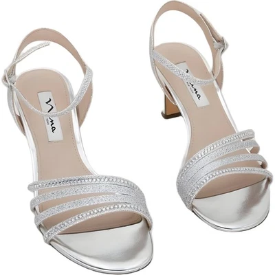 Nina Nelena Sandalias de Noche con Tiras Plateadas Claras Metálicas Tacón Bajo EE. UU. 7M UE 37 Foto 1 de 4