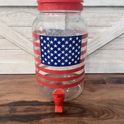JARRA DISPENSADORA DE BEBIDAS DE VIDRIO 1 galón grifo y tapa ROJO BLANCO Y AZUL BANDERA DE EE. UU. Foto 1 de 4
