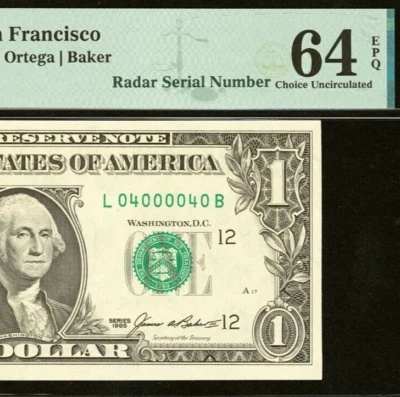 1985 $1 San Francisco FRN PMG 64EPQ amazing radar serial number 04000040 - Image 1 of 3