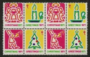 1971 WX245 Angel/Candle/Tree/Trumpeter Block of 8 US Christmas Seals/Stamps MNH - Picture 1 of 2