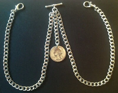 Double Albert Pocket Watch Chain with US quarter dollar fob,silver colour  - Image 1 of 4