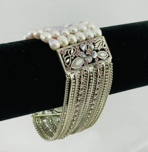 Pale Pink Silver Tone Multi Chain Dyed Baroque Pearls Enameled Stretch Bracelet - Picture 1 of 9