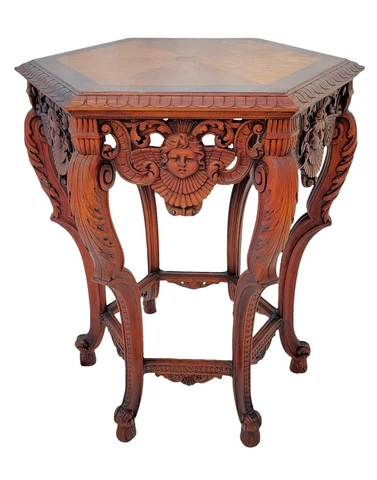 Angel / Cherub Carved French Burl Walnut Hexagon Side Lamp Accent Table 1920's Cover