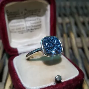 925 Sterling Silver Ring, Blue Druzy Quartz Ring, Size S US 9, Milor 925 - Picture 1 of 7