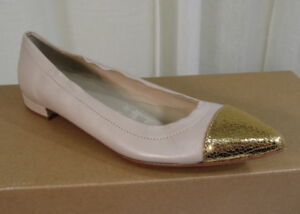 NEW AGL Womens Pointy Toe Cap Ballet Flat 38-38.5/8-8.5 Gold/Ecru Leather Shoes