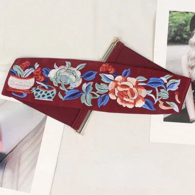 Femme Floral Broderie Large Ceinture Élastique Boucle Élégant Rétro - Photo 1/4