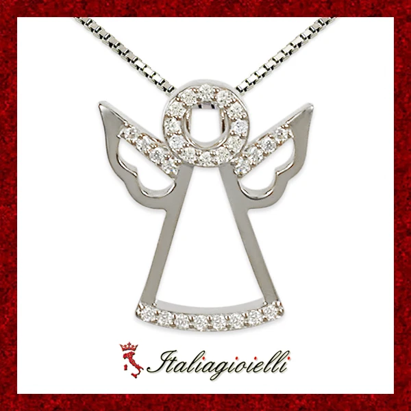 Collana Angelo Custode Brillante in Argento 925 Rodiato Oro Bianco - Immagine 1 di 4