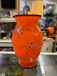 Antique Unique Loetz Orange Glass 8" Vase With Black Edges (L) - Picture 1 of 7