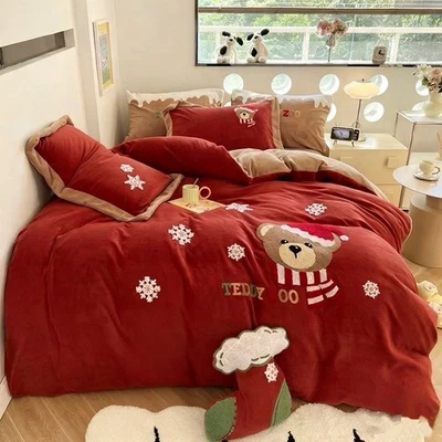 Christmas Teddy Embroidered Velvet Duvet Cover Set 4-Piece + Boot Pillow Gift - Image 1 of 4