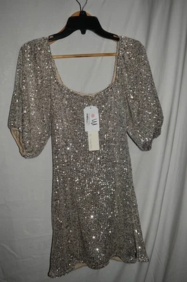 Mini Vestido By Together Champagne/Plata Lentejuelas Manga Abullonada Para Mujer M – Nuevo con Etiquetas 120 Foto 1 de 4