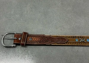 Ariat Men’s Western Tooled Leather Belt Turquoise Concho Stones Brown Size 42 - Picture 1 of 8