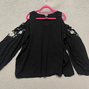 Torrid Outlander Top Womens 3 (US 22/24) Black Floral Embroidered Cold Shoulder - Picture 1 of 12