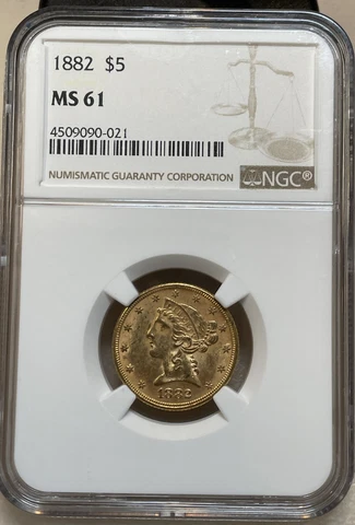 1882 U.S. $5 Liberty Gold Half Eagle Coin NGC MS61 Cover