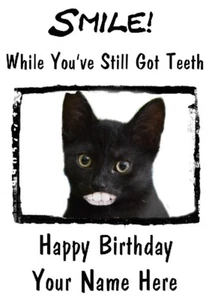 Black Cat A5 Personalised Card Birthday Anniversary Retirement Teeth smile - Picture 1 of 1