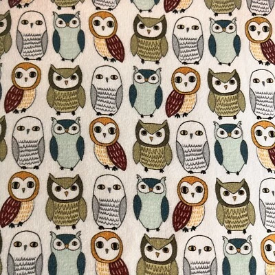 Cotton Jersey Fabric, Owls Stretch Knit Fabric, White background, Blue, green - Image 1 of 3