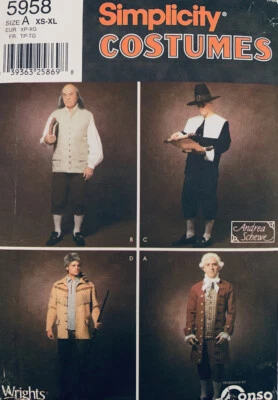 Simplicity Mens Colonial Costume Pattern 5958 Shirt Vest Coat Pants Sz XS - XL  - Image 1 of 4