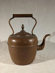 Vtg English Swan Goose Neck Copper Tea Pot Kettle w/ Finial and Wooden Handle - Picture 1 of 10