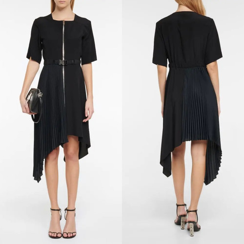 Abito midi Givenchy nero SS zip davanti plissettato seta nuovo con etichette $2255 taglia 8 FR 40