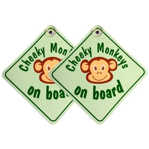 Green Cheeky Monkeys Baby on Board Sign | Twin Pack | 5.5" x 5.5" w/ Suction Cup - Picture 1 of 6
