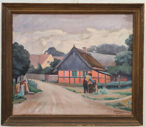 Ölgemälde Kunstwerk mit Rahmen Bild Malerei Oil Painting Stadt Dorf 1930 Jahr