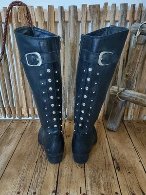 Lucky Brand tall black leather boots zip up metal studs sz 7.5 rock metal biker - Image 1 of 4