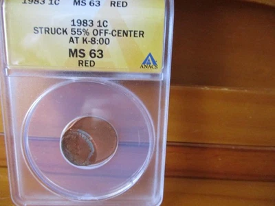 Error 1983-P ANACS MS 63 Red Struck 55 % Off-Center Lincoln Cent Old Holder - Image 1 of 4