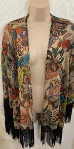 Sans Souci Kimono offene Strickjacke Wickel Blumen Fransen Festival Strand Boho Small - Bild 1 von 11