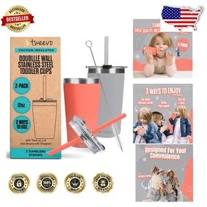 Dishwasher Safe Baby Cups with Straws - 12oz Toddler Sippy Cups in Gray & Coral - Picture 1 of 9