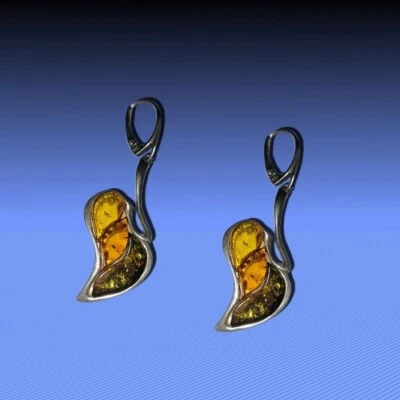 Eleganti Orecchini In Ambra Tricolore 925 Argento - Immagine 1 di 2