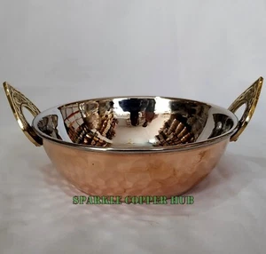 Copper and Stainless Steel Dinnerware Brass Handle Serving Wok Kadai Bowl 400 ML - Picture 1 of 7