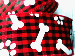 Dog Bones & Paws 2.5" by 2 yd Red Black Buffalo Plaid Wired Ribbon Valentine's - Picture 1 of 6