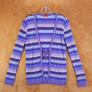 MISSIONI Womens Sweater Size 44 Purple Stripe Cardigan Tie Front Loose Knit Wool - Picture 1 of 8
