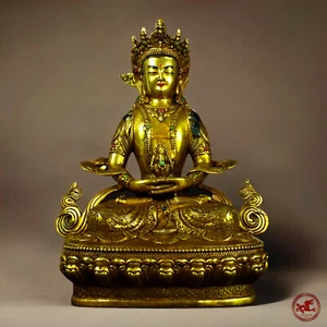 Antique Amitayus Buddha in Gilded Bronze Qianlong Buddhist Statue with Turquoise - Picture 1 of 12