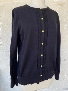 Lands End Cardigan Sweater Medium Black Supima Cotton Gold Buttons Formal Dressy - Imagen 1 de 14