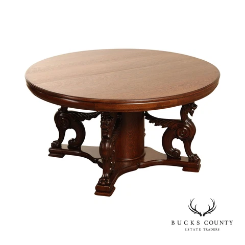 Antique Victorian Oak Winged Griffin Round Expandable Pedestal Dining Table Cover