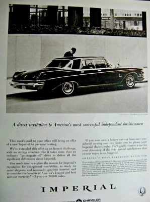 1963 Chrysler Imperial Crown Vintage Original Print Ad-8.5 x 11" - Image 1 of 2