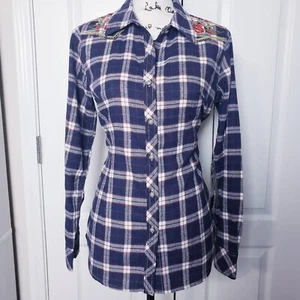 Grace in LA Rojo Blanco y Azul Cuadros Floral Bordado Western Look Abotonado M - Imagen 1 de 9