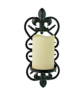 Fleur De Lis Wall Sconce 12" Wrought Iron Battery Operated Timer Faux Candle - Picture 1 of 6
