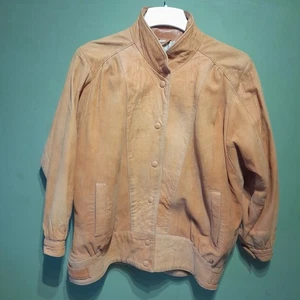 Chaqueta de Gamuza de Cuero Marrón Tostado Abrigo Arena Talla L Años 80 Retro Estudiante Uni de Colección - Imagen 1 de 11