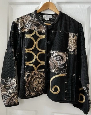 Vintage Sandy Starkman Blazer Jacket M Black Gold Paisley Embroidered Applique - Image 1 of 4