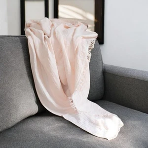 47" X 60" Blush Cotton Woven Turkish Towel Throw Blanket with Fringe - Picture 1 of 9