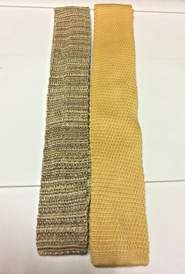Beige Square End Designer Tie Lot - Silk Knit & Wool - Solid & Striped - Image 1 of 2