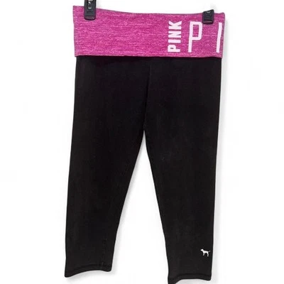 Y2K розовый Victoria's Secret складной талии Капри леггинсы S черный розовый логотип собаки - Изображение 1 из 4