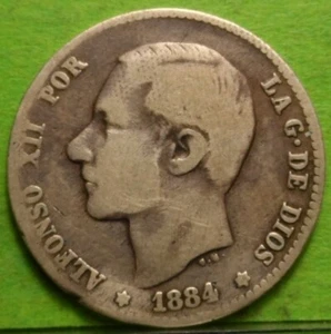 RARE, ALFONSO XII, 1 Peseta, 1884 * - 84, Ag - Picture 1 of 2