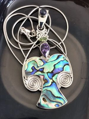 Vintage Sajen Paua Shell Dove, Amethyst, Peridot & Moonstone,925 Silver W Chain - Image 1 of 4