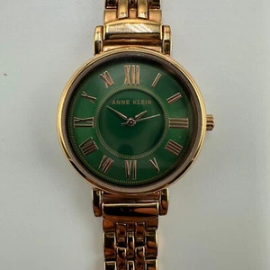 Anne Klein Watch Women Rose Gold Tone Green Round Dial New Battery 7 Inch - Picture 1 of 12