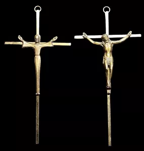 Vintage Messing Altarkruzifixe 2er Set - Christus & auferstandener Jesus Wandkreuze MCM - Bild 1 von 4