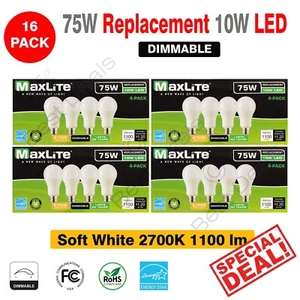 16-Pack Maxlite Dimmable 75W Replacement LED 10W Soft White Light Bulb A19 2700K - Picture 1 of 6