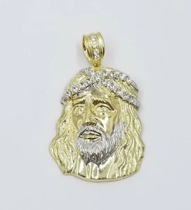 REAL 10k Yellow White Gold Jesus Head Charm Pendant Diamond Cut 2.25" 35mm Men - Picture 1 of 9